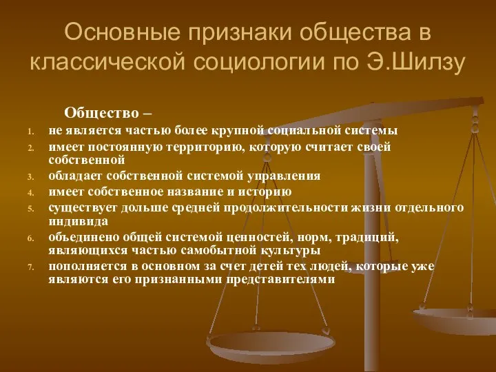 Основные признаки общества в классической социологии по Э.Шилзу Общество – не