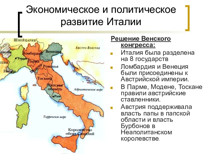 Экономическое и политическое развитие Италии Решение Венского конгресса: Италия была разделена