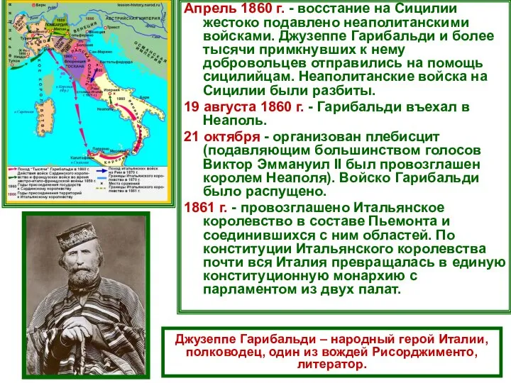 Апрель 1860 г. - восстание на Сицилии жестоко подавлено неаполитанскими войсками.