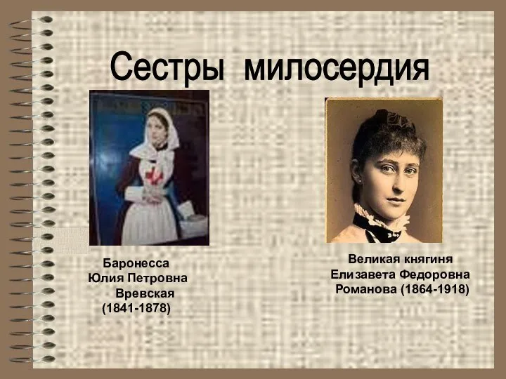 Сестры милосердия Баронесса Юлия Петровна Вревская (1841-1878) Великая княгиня Елизавета Федоровна Романова (1864-1918)