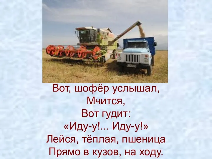 Вот, шофёр услышал, Мчится, Вот гудит: «Иду-у!... Иду-у!» Лейся, тёплая, пшеница Прямо в кузов, на ходу.