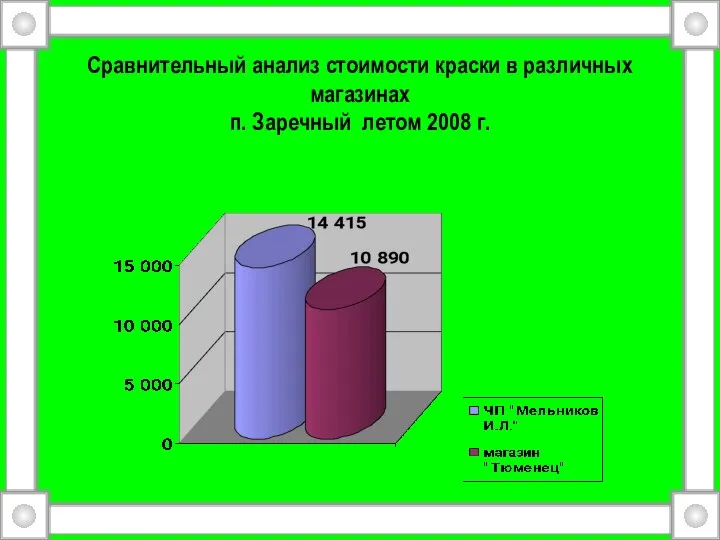 Сравнительный анализ стоимости краски в различных магазинах п. Заречный летом 2008 г.