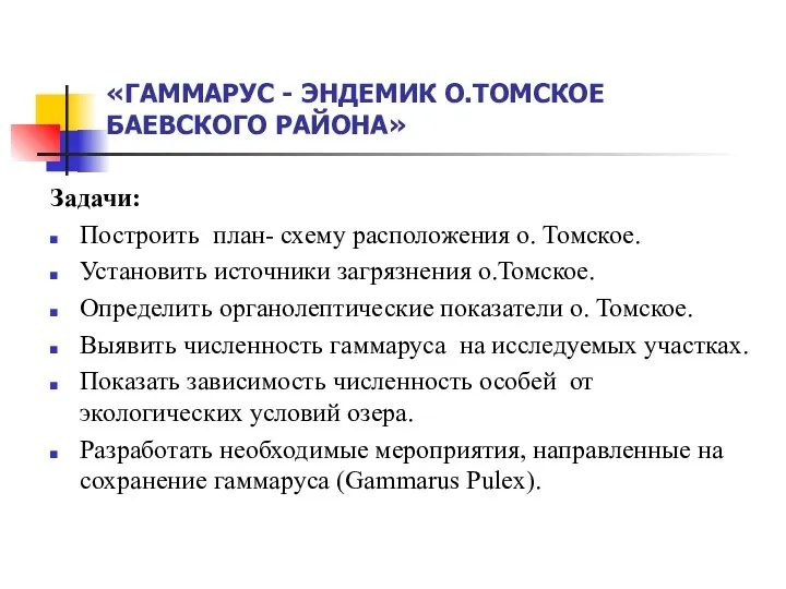 «ГАММАРУС - ЭНДЕМИК О.ТОМСКОЕ БАЕВСКОГО РАЙОНА» Задачи: Построить план- схему расположения