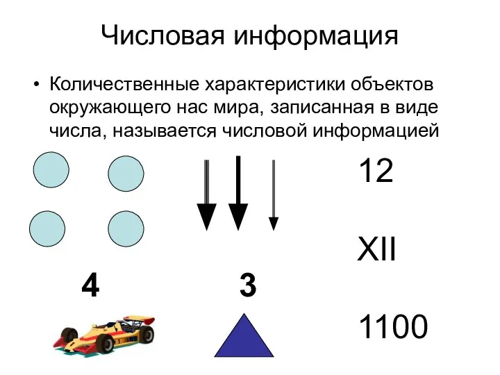 Числовая информация Количественные характеристики объектов окружающего нас мира, записанная в виде