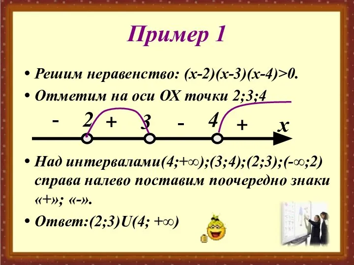 Пример 1 Решим неравенство: (х-2)(х-3)(х-4)>0. Отметим на оси ОХ точки 2;3;4