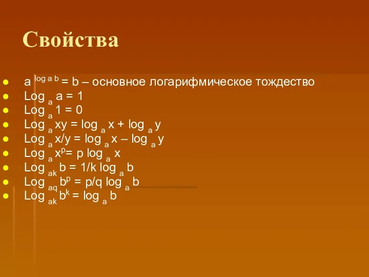 Свойства a log a b = b – основное логарифмическое тождество