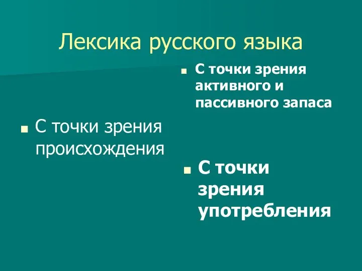 Лексика русского языка С точки зрения происхождения С точки зрения активного