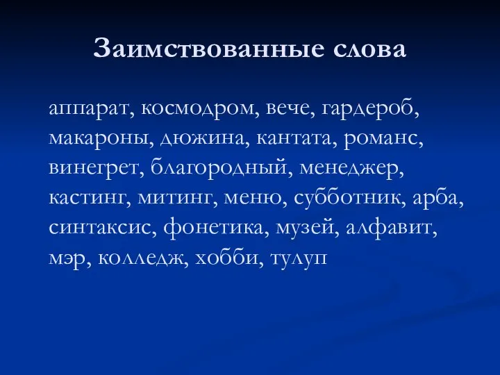 Заимствованные слова аппарат, космодром, вече, гардероб, макароны, дюжина, кантата, романс, винегрет,