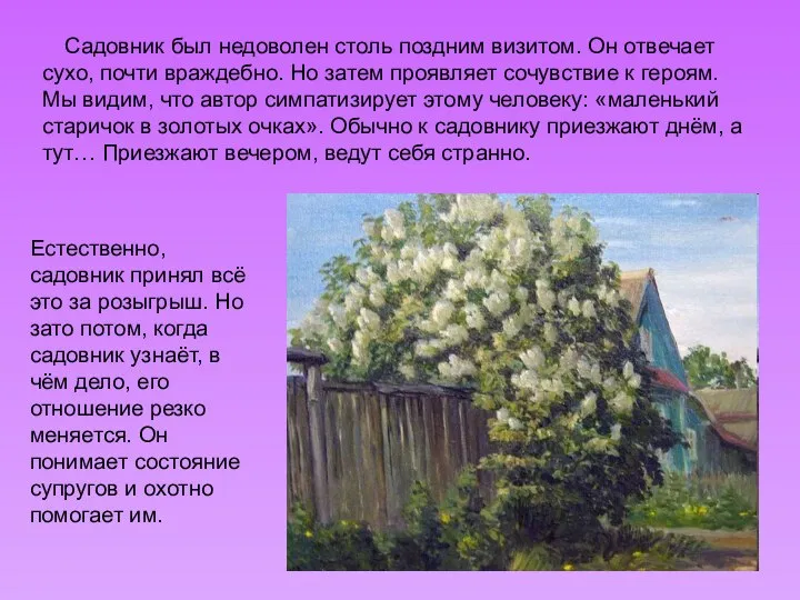 Садовник был недоволен столь поздним визитом. Он отвечает сухо, почти враждебно.