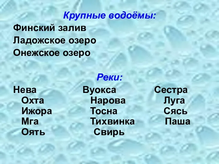 Крупные водоёмы: Финский залив Ладожское озеро Онежское озеро Реки: Нева Вуокса