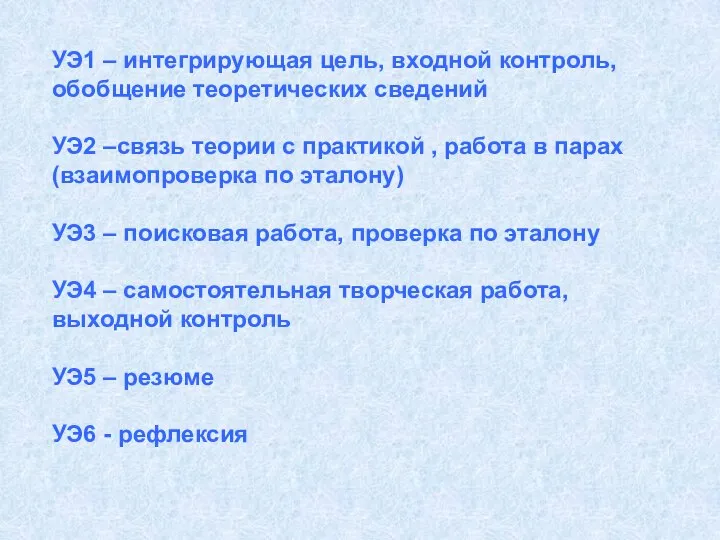 УЭ1 – интегрирующая цель, входной контроль, обобщение теоретических сведений УЭ2 –связь