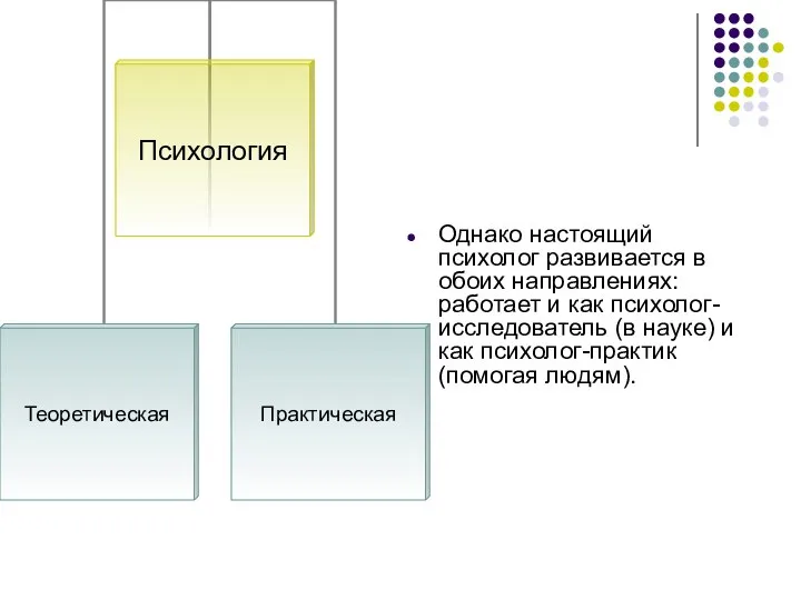 Однако настоящий психолог развивается в обоих направлениях: работает и как психолог-исследователь