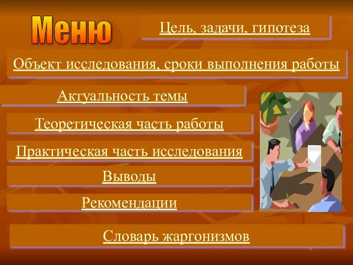 Меню Цель, задачи, гипотеза Объект исследования, сроки выполнения работы Актуальность темы