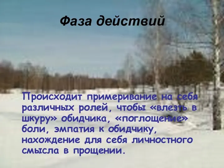 Фаза действий Происходит примеривание на себя различных ролей, чтобы «влезть в