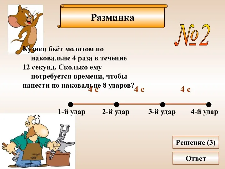 Разминка №2 Кузнец бьёт молотом по наковальне 4 раза в течение