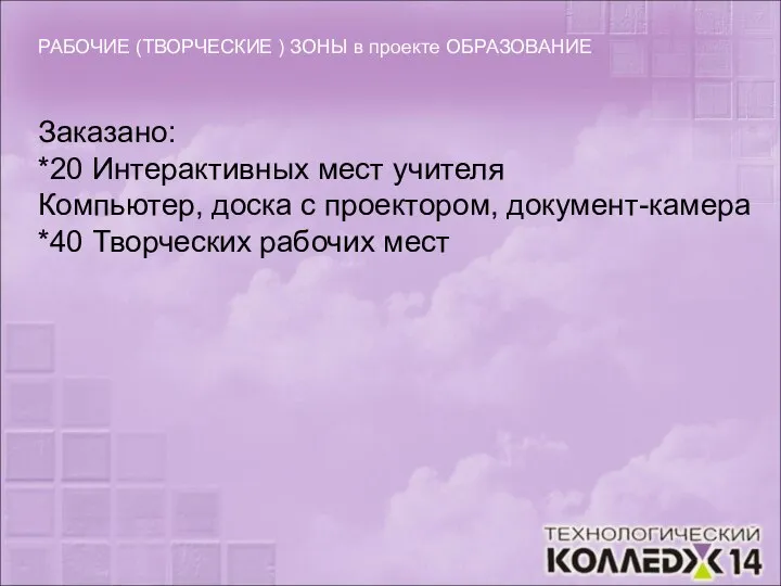 РАБОЧИЕ (ТВОРЧЕСКИЕ ) ЗОНЫ в проекте ОБРАЗОВАНИЕ Заказано: *20 Интерактивных мест