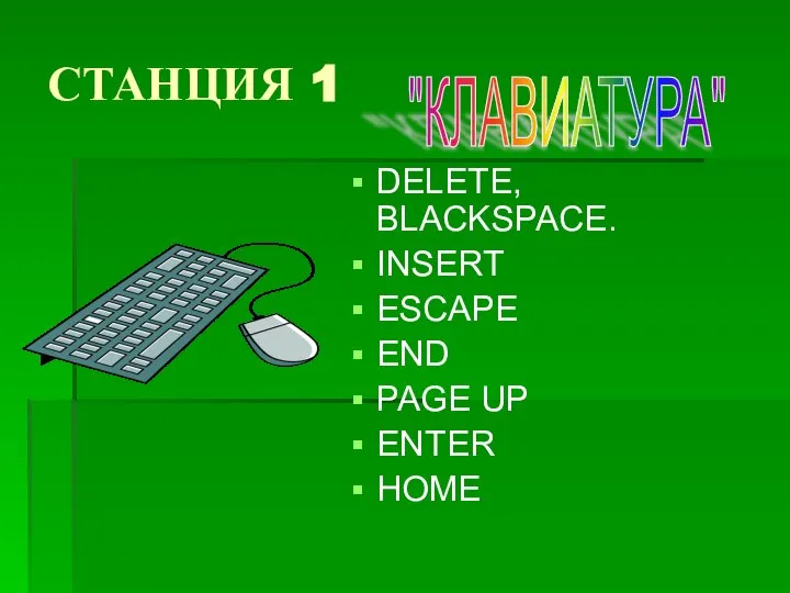 СТАНЦИЯ 1 DELETE, BLACKSPACE. INSERT ESCAPE END PAGE UP ENTER HOME "КЛАВИАТУРА"