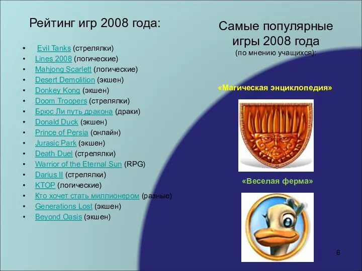 Рейтинг игр 2008 года: Evil Tanks (стрелялки) Lines 2008 (логические) Mahjong