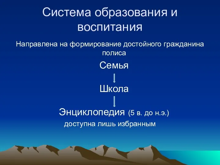 Система образования и воспитания Направлена на формирование достойного гражданина полиса Семья