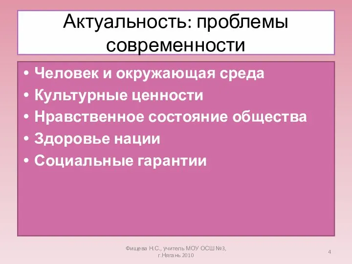 Актуальность: проблемы современности Человек и окружающая среда Культурные ценности Нравственное состояние