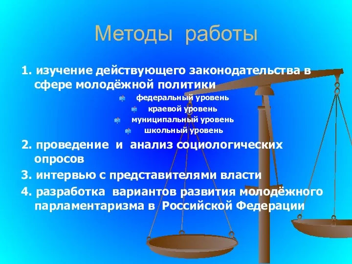 Методы работы 1. изучение действующего законодательства в сфере молодёжной политики федеральный