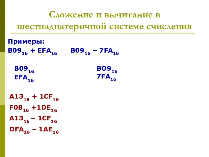 Сложение и вычитание в шестнадцатеричной системе счисления Примеры: В0916 + EFA16