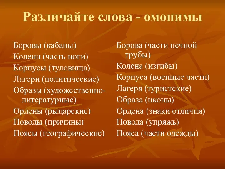 Различайте слова - омонимы Боровы (кабаны) Колени (часть ноги) Корпусы (туловища)