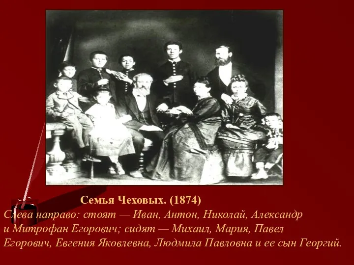 Семья Чеховых. (1874) Слева направо: стоят — Иван, Антон, Николай, Александр