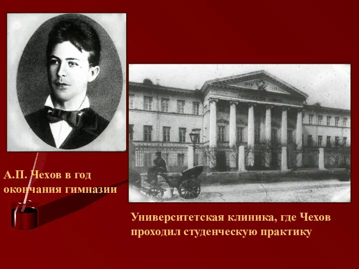 А.П. Чехов в год окончания гимназии Университетская клиника, где Чехов проходил студенческую практику