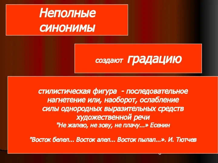 Неполные синонимы создают градацию стилистическая фигура - последовательное нагнетение или, наоборот,