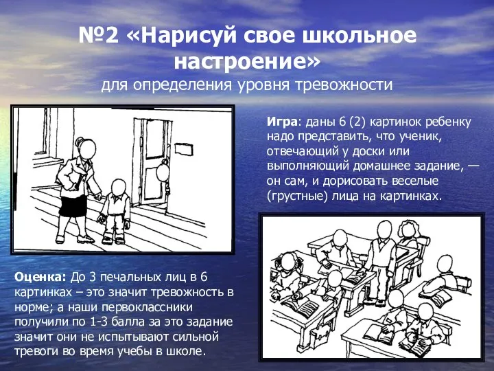 №2 «Нарисуй свое школьное настроение» для определения уровня тревожности Игра: даны