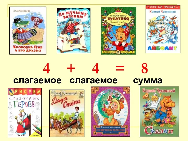 4 + 4 = 8 слагаемое слагаемое сумма