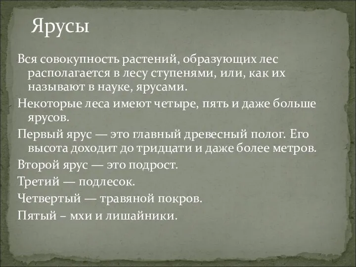 Вся совокупность растений, образующих лес располагается в лесу ступенями, или, как