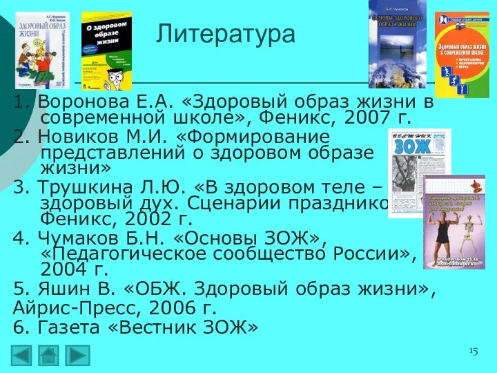 1. Воронова Е.А. «Здоровый образ жизни в современной школе», Феникс, 2007