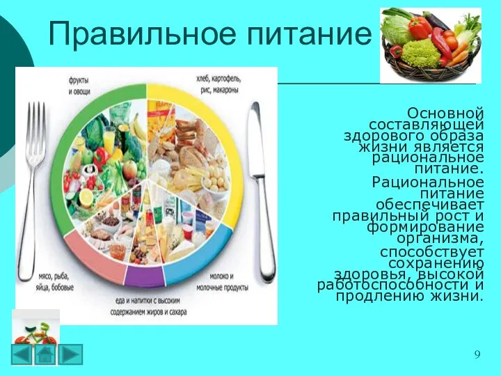 Правильное питание Основной составляющей здорового образа жизни является рациональное питание. Рациональное