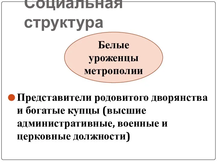 Социальная структура Представители родовитого дворянства и богатые купцы (высшие административные, военные