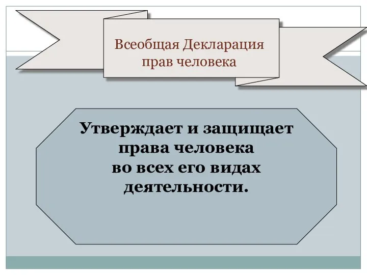 Всеобщая Декларация прав человека Утверждает и защищает права человека во всех его видах деятельности.