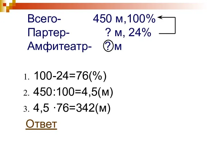 Всего- 450 м,100% Партер- ? м, 24% Амфитеатр- ? м 100-24=76(%) 450:100=4,5(м) 4,5 ·76=342(м) Ответ