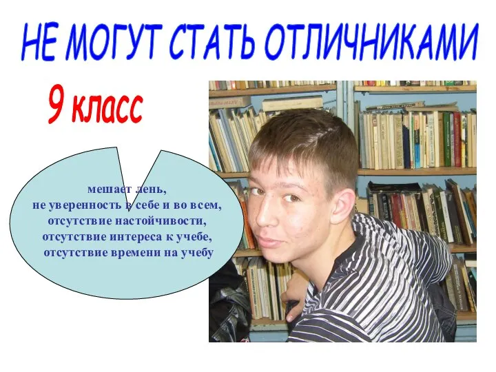 9 класс НЕ МОГУТ СТАТЬ ОТЛИЧНИКАМИ мешает лень, не уверенность в