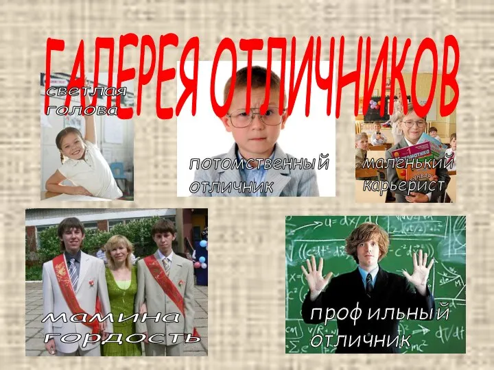 ГАЛЕРЕЯ ОТЛИЧНИКОВ маленький карьерист потомственный отличник мамина гордость профильный отличник светлая голова