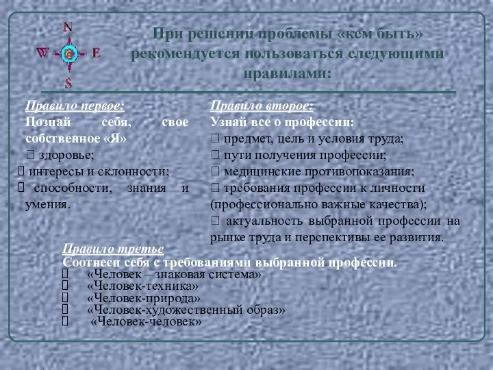 При решении проблемы «кем быть» рекомендуется пользоваться следующими правилами: Правило первое: