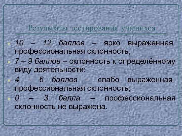 Результаты тестирования учащихся 10 – 12 баллов – ярко выраженная профессиональная