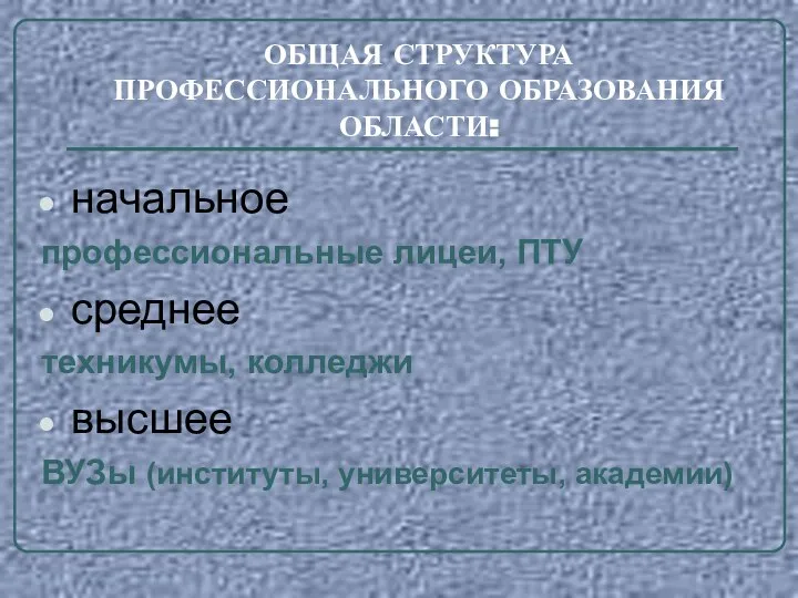 ОБЩАЯ СТРУКТУРА ПРОФЕССИОНАЛЬНОГО ОБРАЗОВАНИЯ ОБЛАСТИ: начальное профессиональные лицеи, ПТУ среднее техникумы,