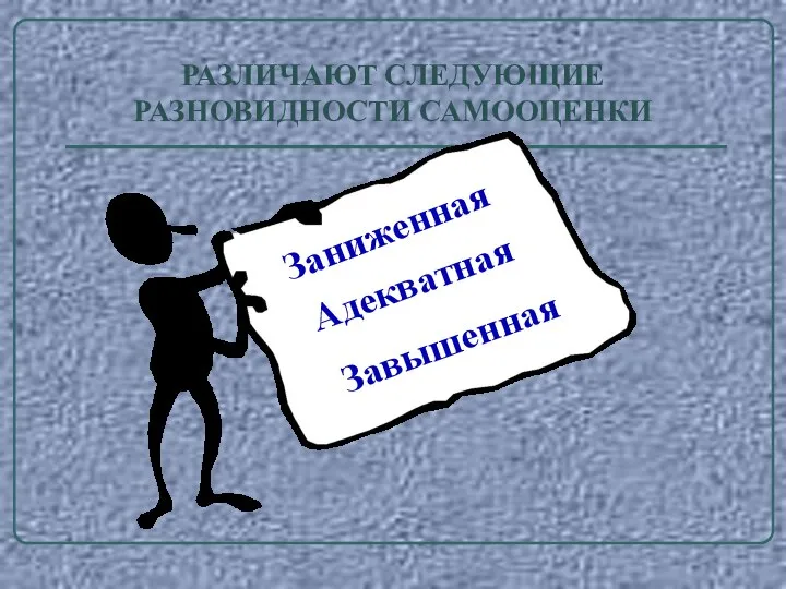 РАЗЛИЧАЮТ СЛЕДУЮЩИЕ РАЗНОВИДНОСТИ САМООЦЕНКИ Заниженная Завышенная Адекватная