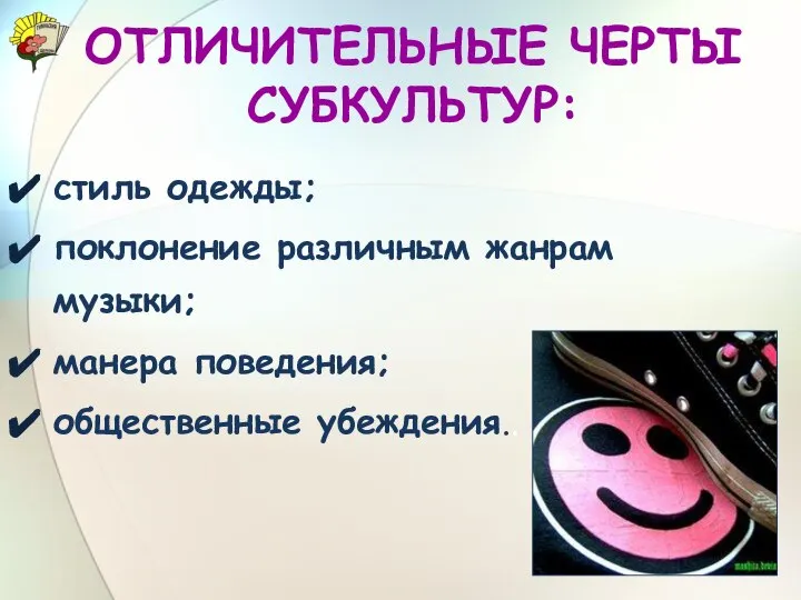 ОТЛИЧИТЕЛЬНЫЕ ЧЕРТЫ СУБКУЛЬТУР: стиль одежды; поклонение различным жанрам музыки; манера поведения; общественные убеждения..