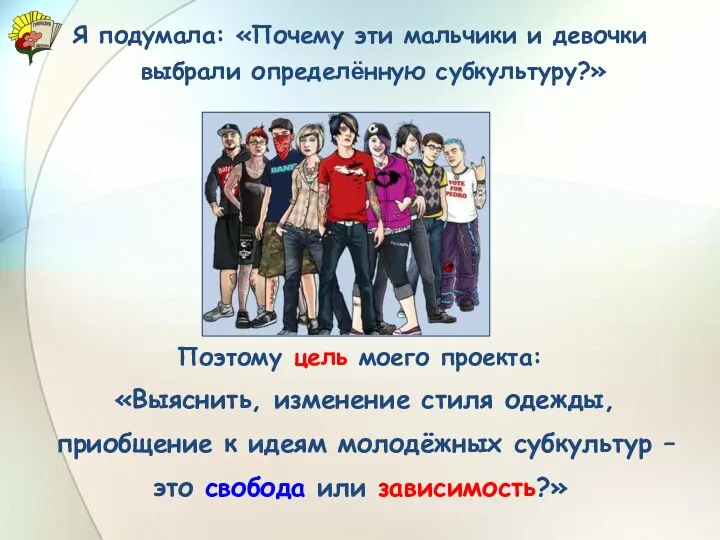 Я подумала: «Почему эти мальчики и девочки выбрали определённую субкультуру?» Поэтому