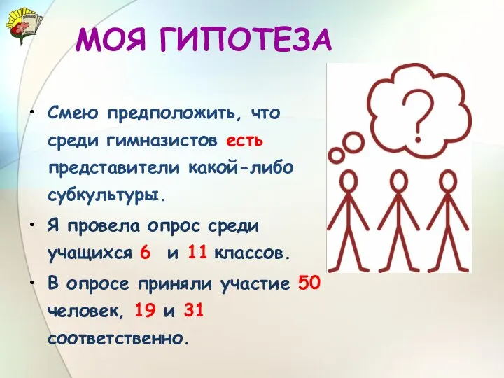 МОЯ ГИПОТЕЗА Смею предположить, что среди гимназистов есть представители какой-либо субкультуры.