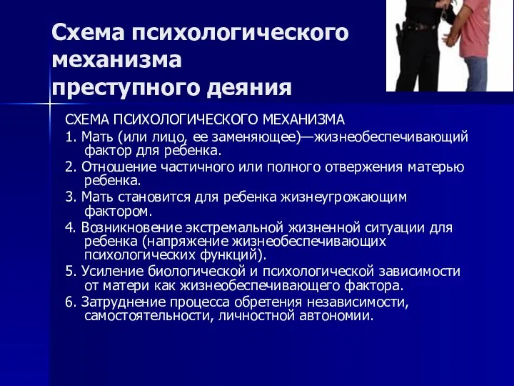 Схема психологического механизма преступного деяния СХЕМА ПСИХОЛОГИЧЕСКОГО МЕХАНИЗМА 1. Мать (или