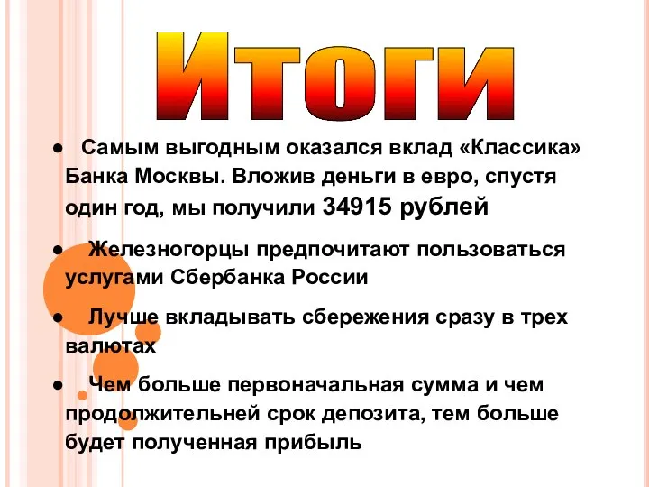 Итоги Самым выгодным оказался вклад «Классика» Банка Москвы. Вложив деньги в