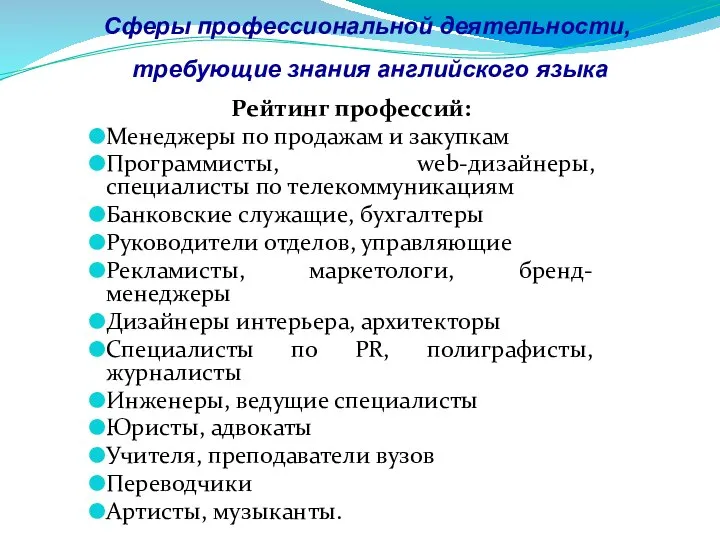 Сферы профессиональной деятельности, требующие знания английского языка Рейтинг профессий: Менеджеры по